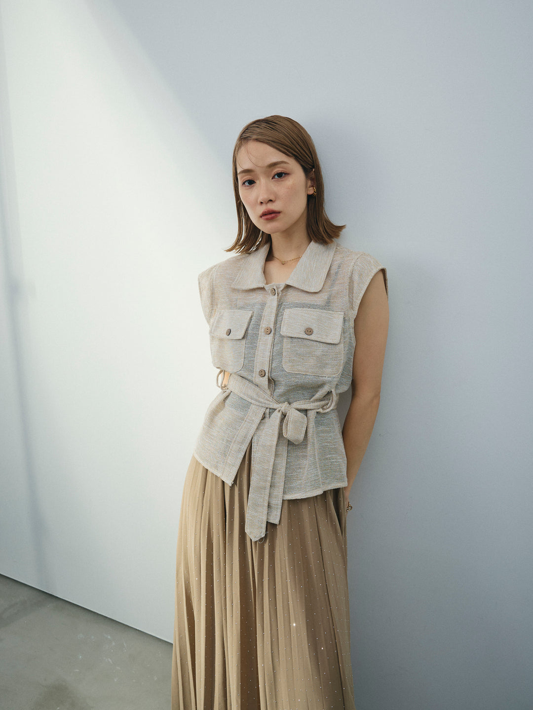 [予約]ミックスヤーンメッシュブラウス/ベージュ