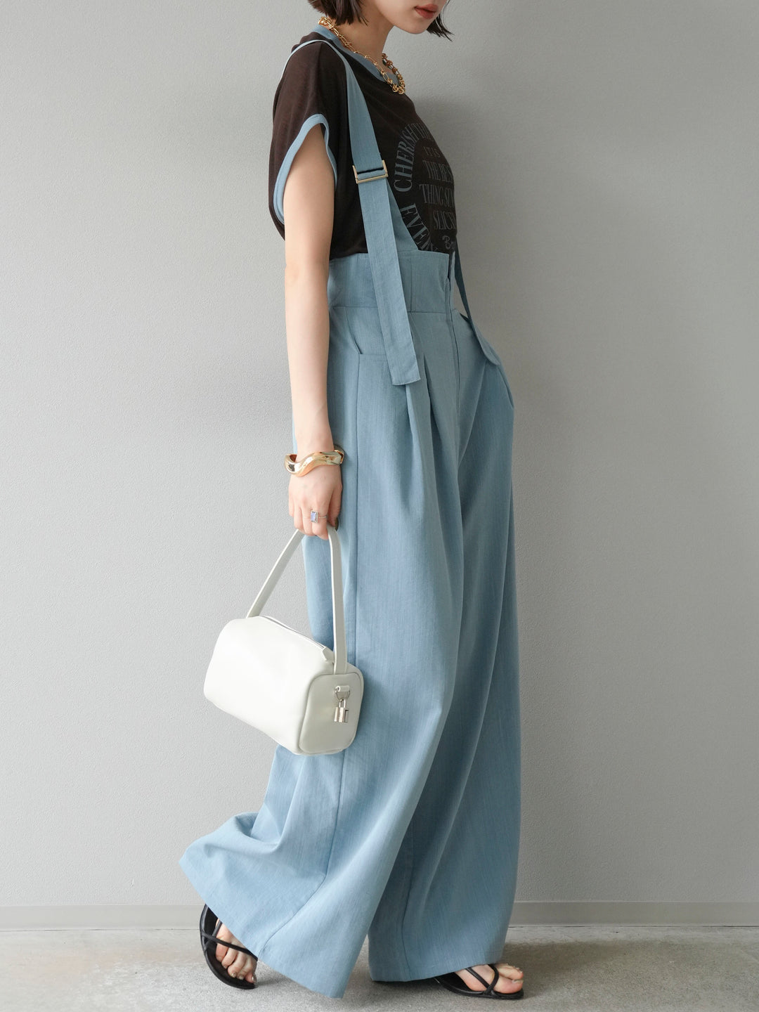 [SET]ストリングデザインハイウエストサロペット+シアーフライス ロゴプリントT (2set)