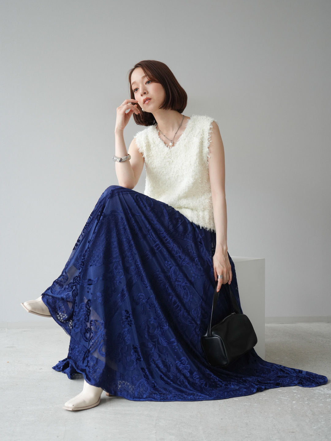 [予約]テープヤーンフリンジニットベスト/アイボリー