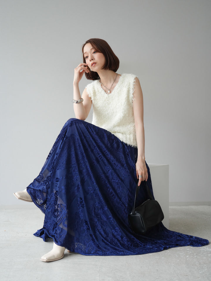 [予約]テープヤーンフリンジニットベスト/アイボリー