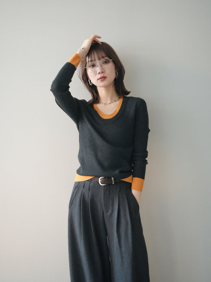 [SET]Uネック配色レイヤードリブニットトップス+アニマル柄ベルト付きウールタッチワイドパンツ(2set)