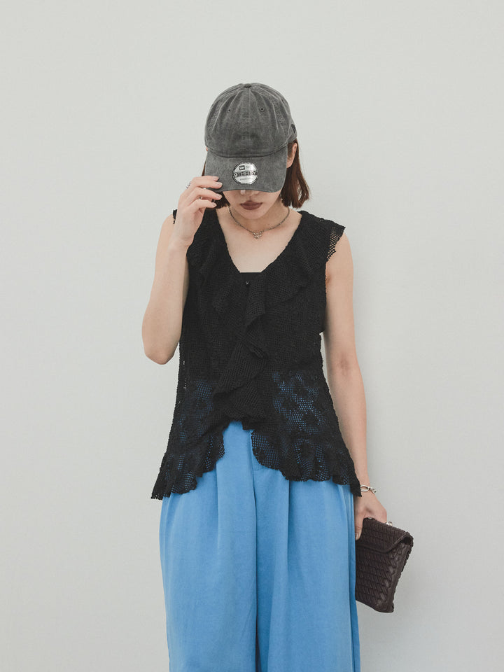 [預購] 紗帶荷葉邊無袖上衣/黑色