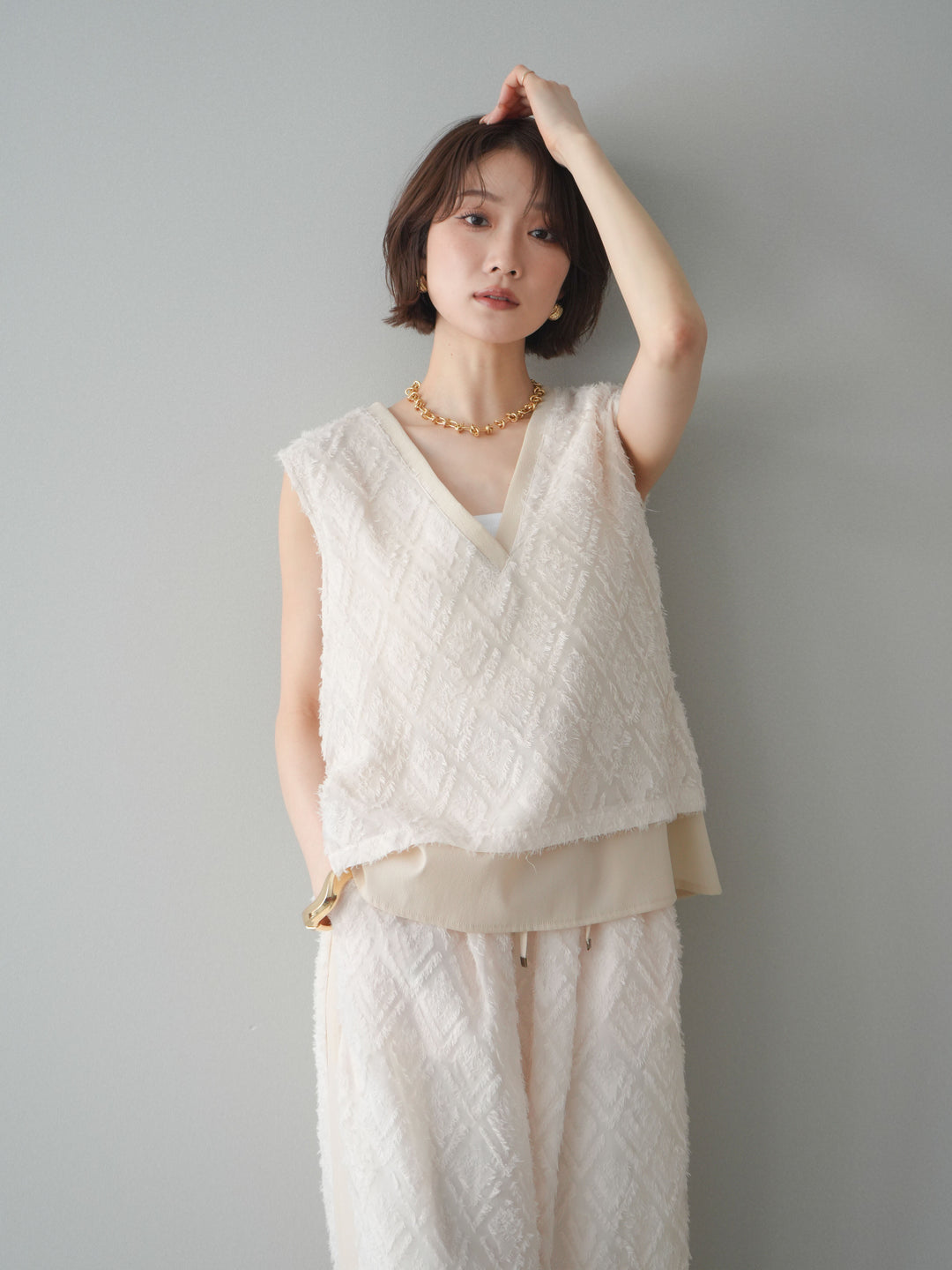 [SET]フリンジレイヤードVネックノースリーブ+フリンジイージーストレートパンツ(2set)