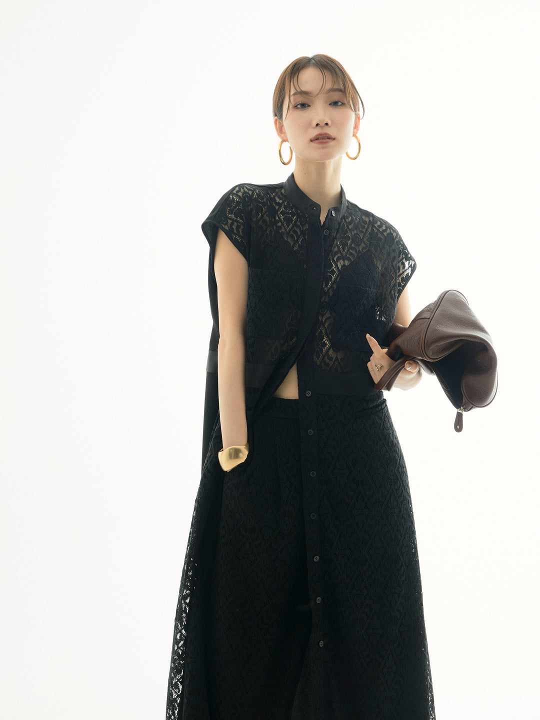 【Allure】[SET]レースサテン切替ワンピース+レースタックワイドパンツ(2set)