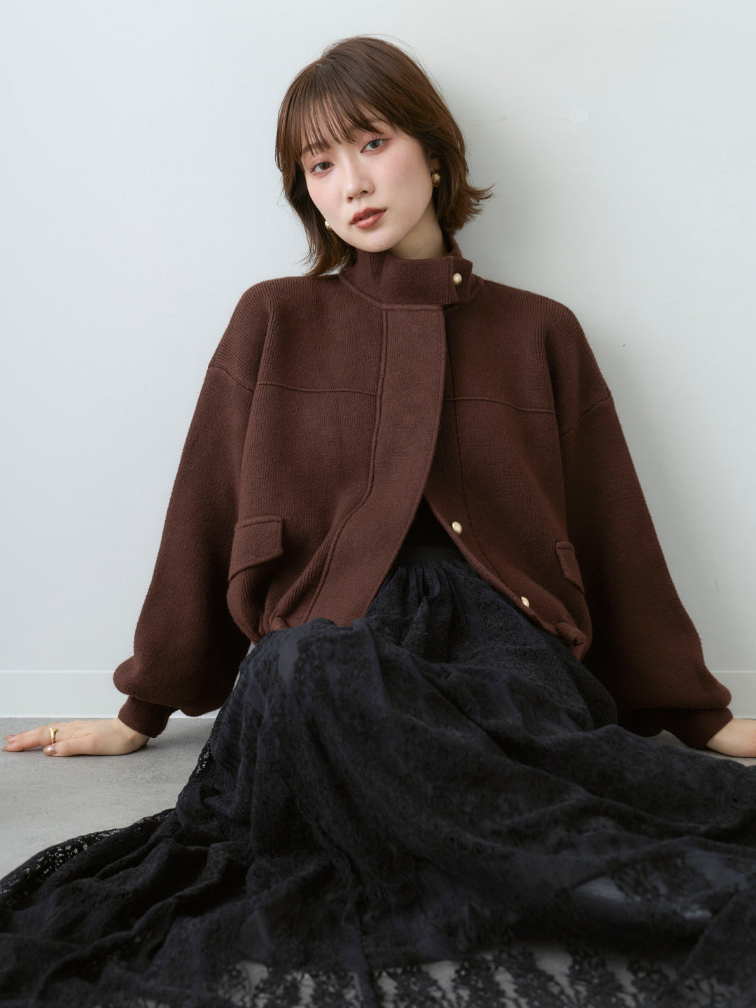 [予約]ゴールドボタンニットショートジャケット/brown