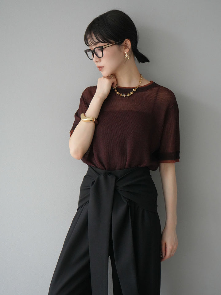 [SET]リネンタッチ配色二重臼ハーフニットトップス+ウエスト巻きデザインワイドパンツ(2set)