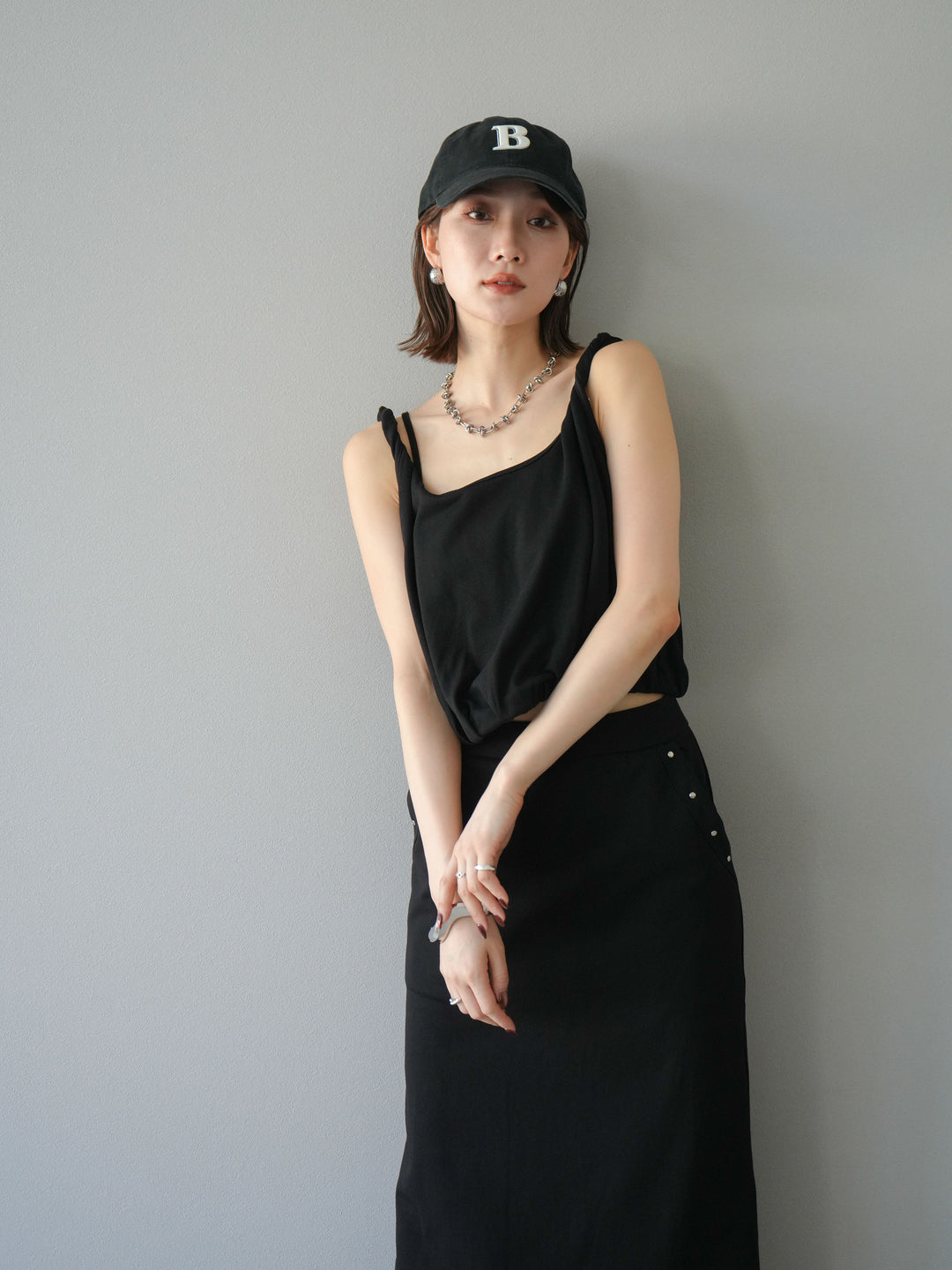 [SET]ミニ裏毛ツイストキャミバルーントップス＆Iラインスカート(2set)