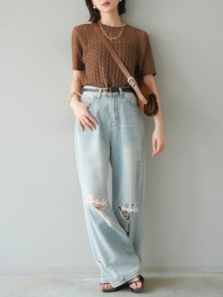 【預購】剪裁蕾絲T卹/棕色