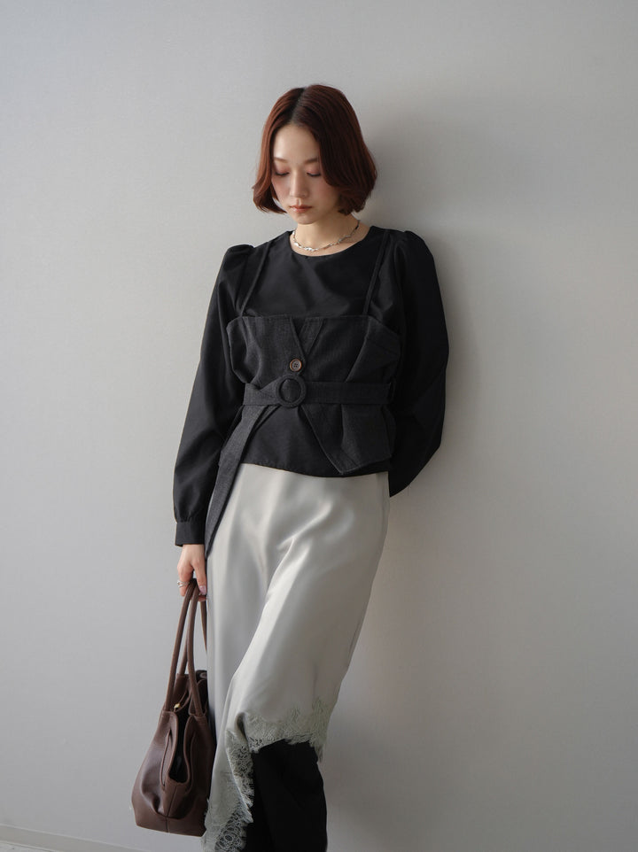 [SET]異素材ビスチェドッキングブラウス+センターシームフレアパンツ+サテンライクアシメレーススカート(3set)