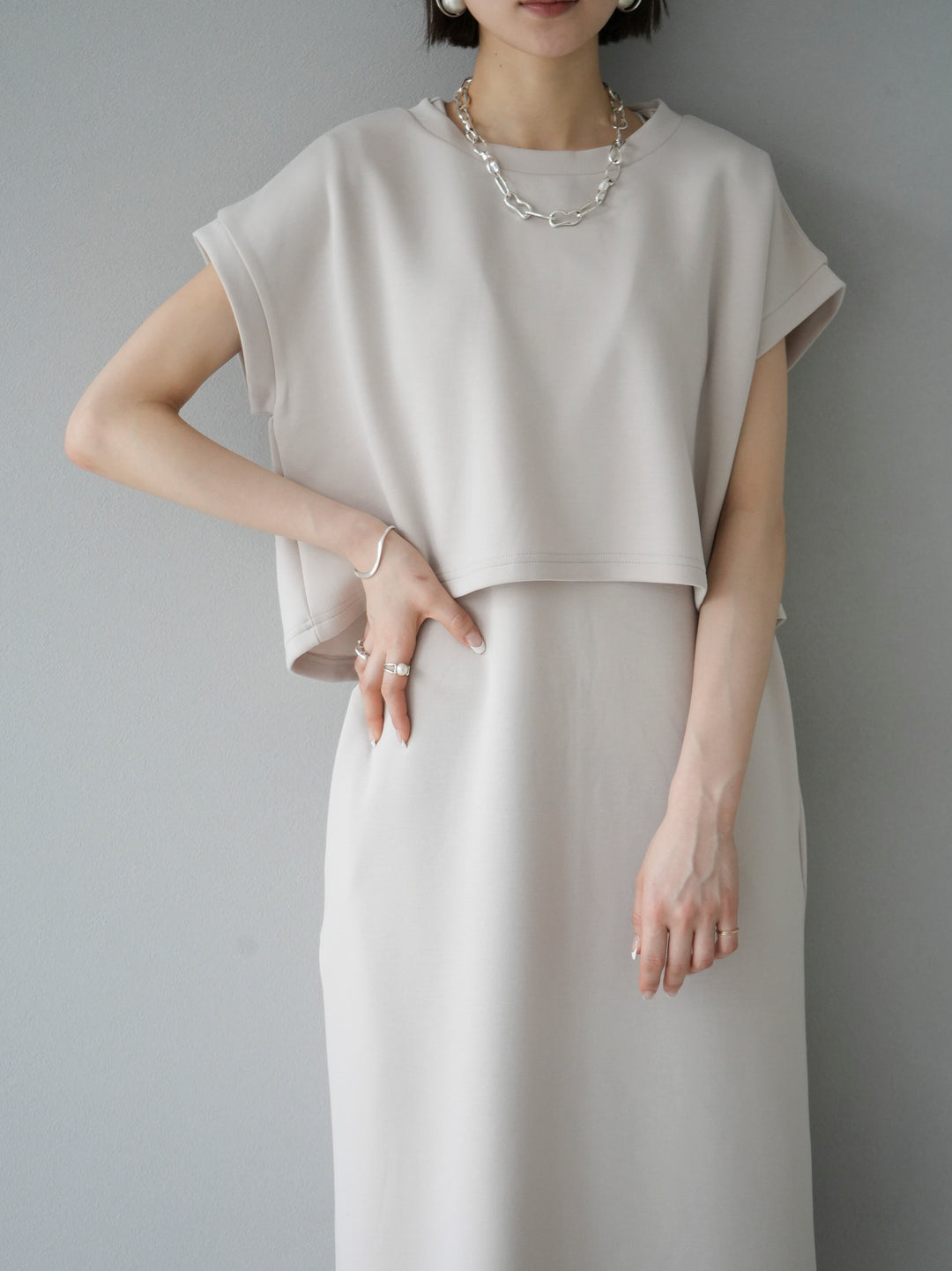 [Pre-order] Light Ponte French Sleeve Top Ensemble Dress/Ivory