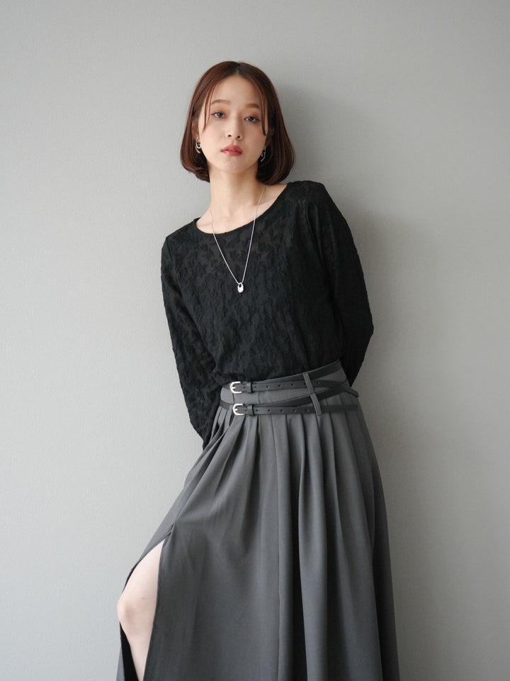 [SET]シアージャガードトップス+エステルプリーツスリットスカート(2set)