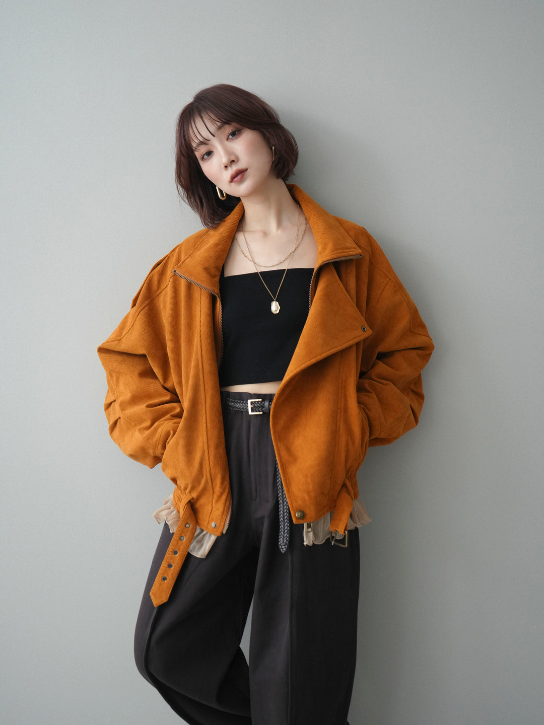 [SET]コーデュロイライダース裾レースブルゾン+カップ付テレコリブベアキャミソール(2set)