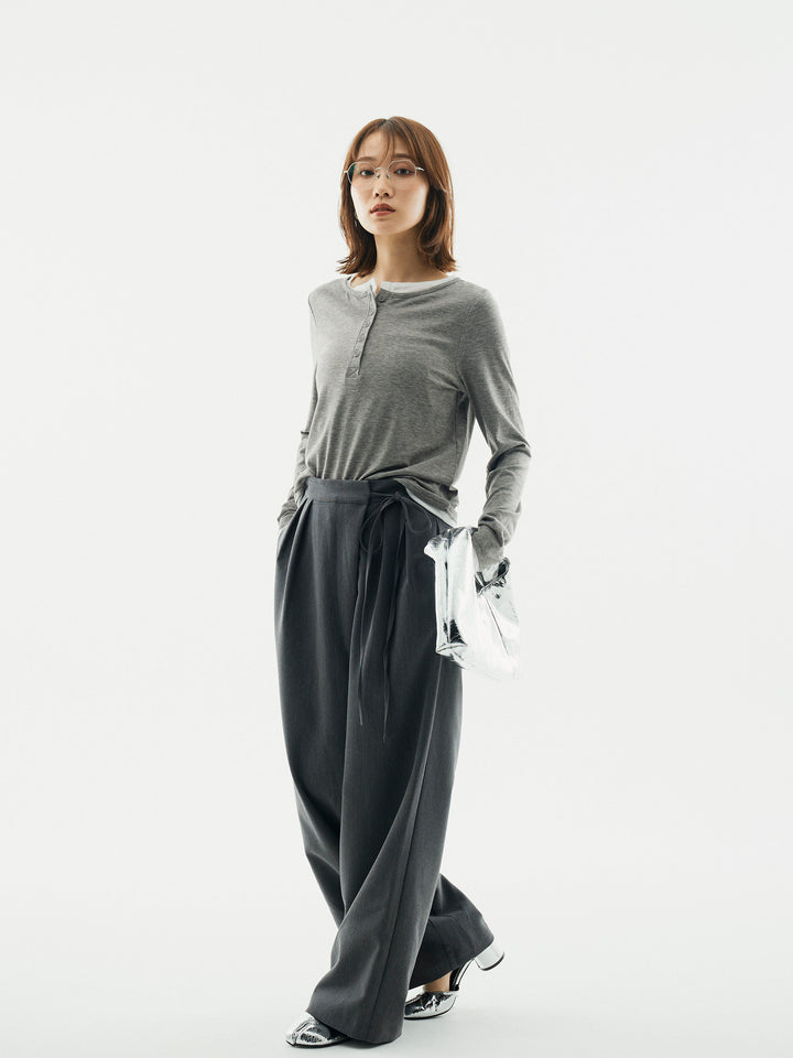 【Allure】[SET]配色レイヤードヘンリーネックトップス+ラップデザインタックワイドパンツ(2set)