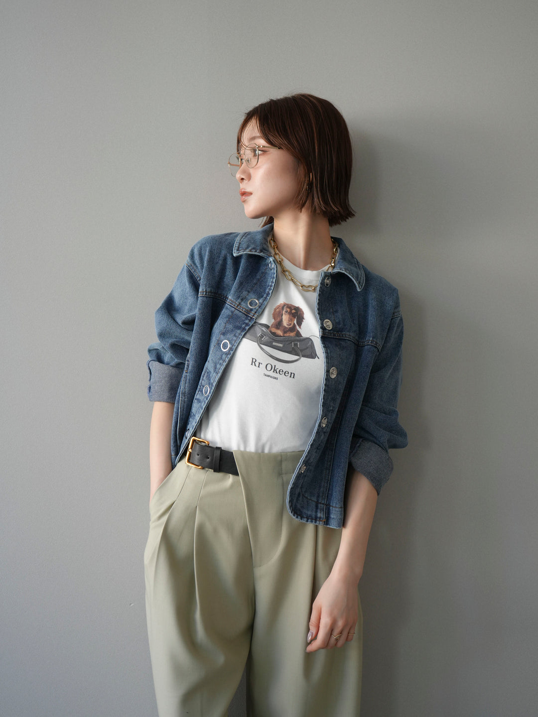 [SET]ラウンドカットコンパクトデニムジャケット+ドッグコンパクトTEE(2set)