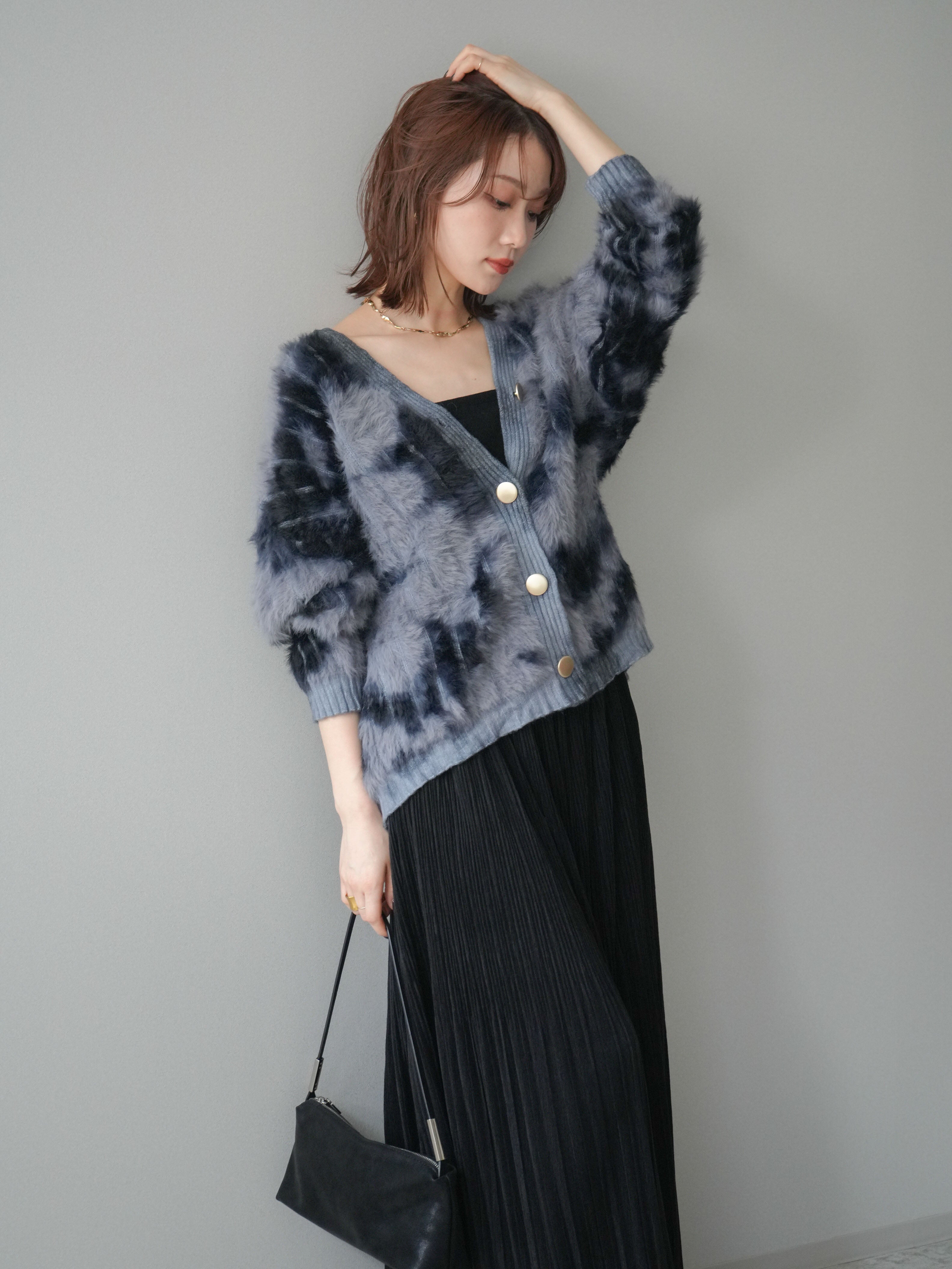 SET]ニュアンス柄シャギーニットカーディガン+裾レーススウェード