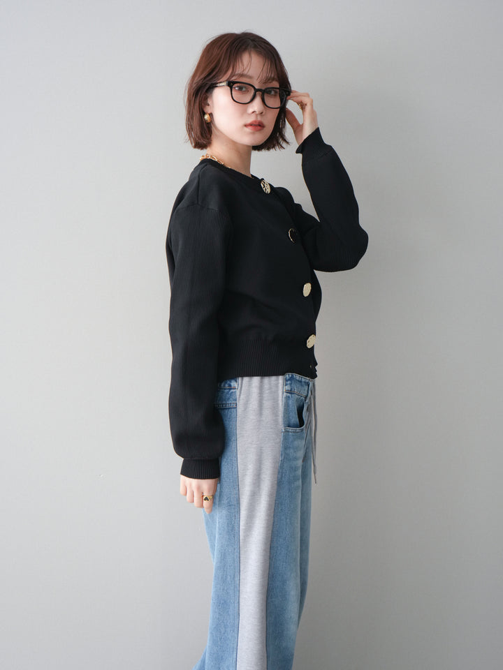 [SET]メタルボタンクルーネックニットカーディガン+デニム切替スウェットパンツ(2set)