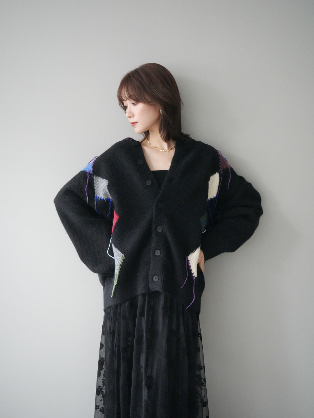 [予約]ハンドステッチアーガイルデザインニットカーディガン/black