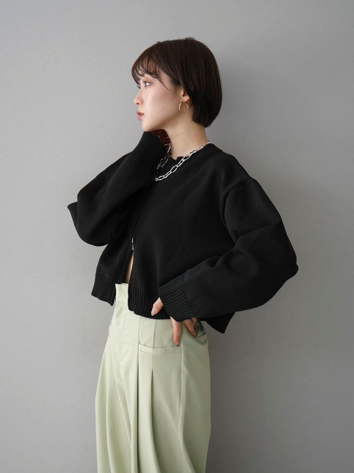 [Pre-order] Double Zip Cropped Knit Cardigan/Black