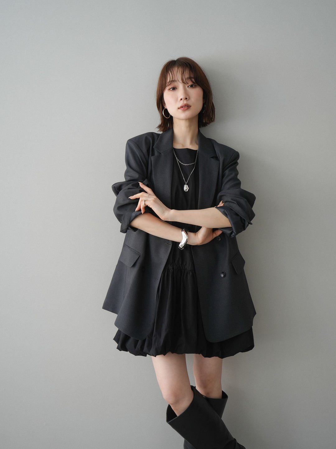 [SET]ノースリバルーンミニワンピース+ダブルブレストオーバージャケット(2set)