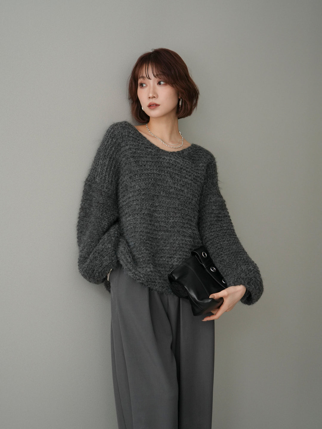 [予約]ワッフル編みシャギーニットプルオーバー/gray