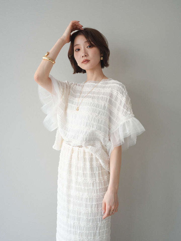 [SET]チュール袖リップルトップス+リップルIラインスカート(2set)