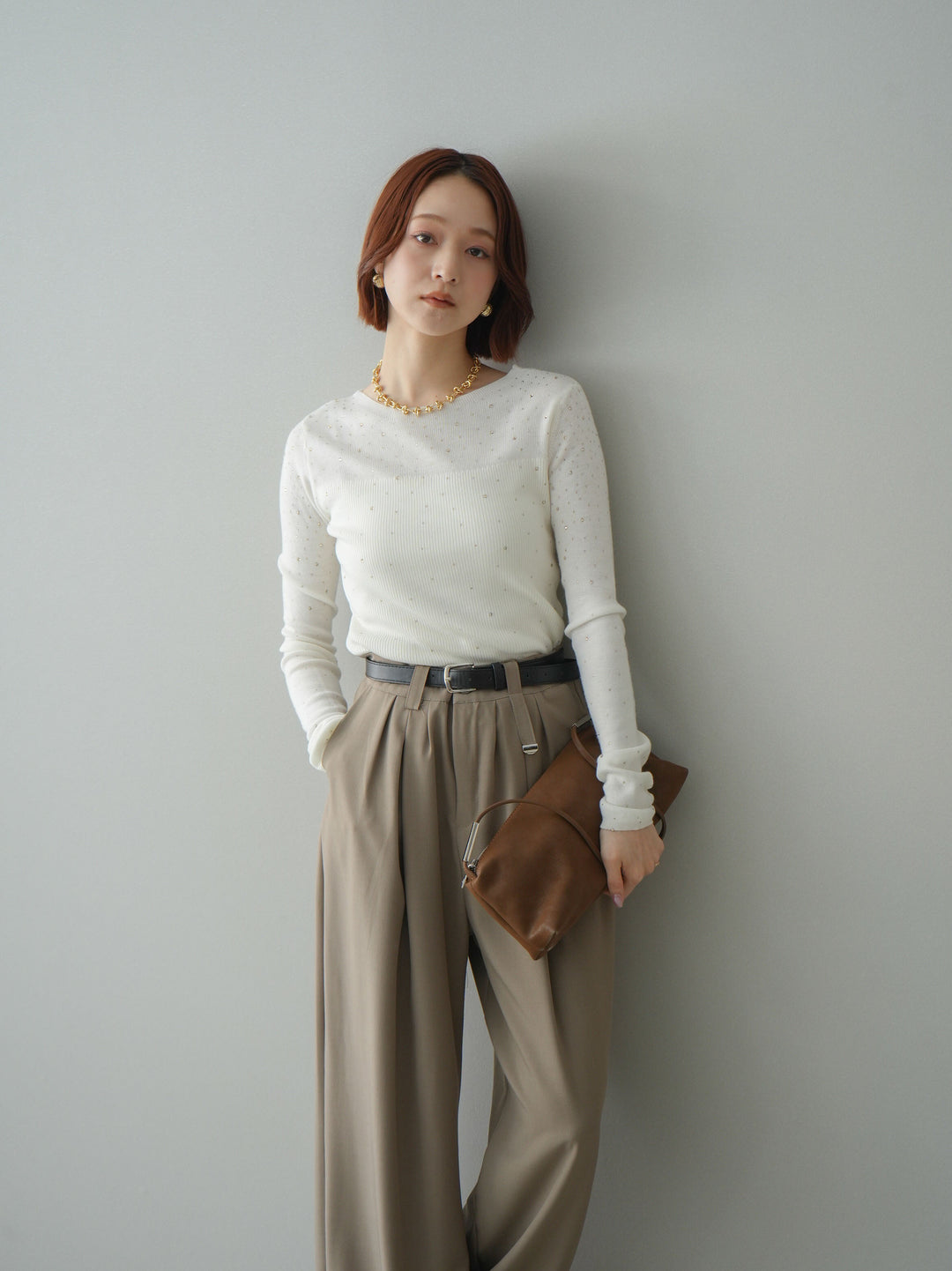 [SET]スパンコールシアーニットトップス+ベルト付キーホルダーモチーフワイドパンツ(2set)