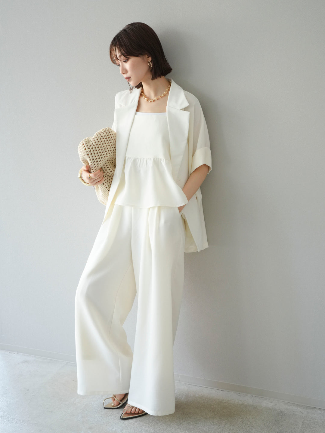 [予約]リネンライクハーフテーラードジャケット/アイボリー