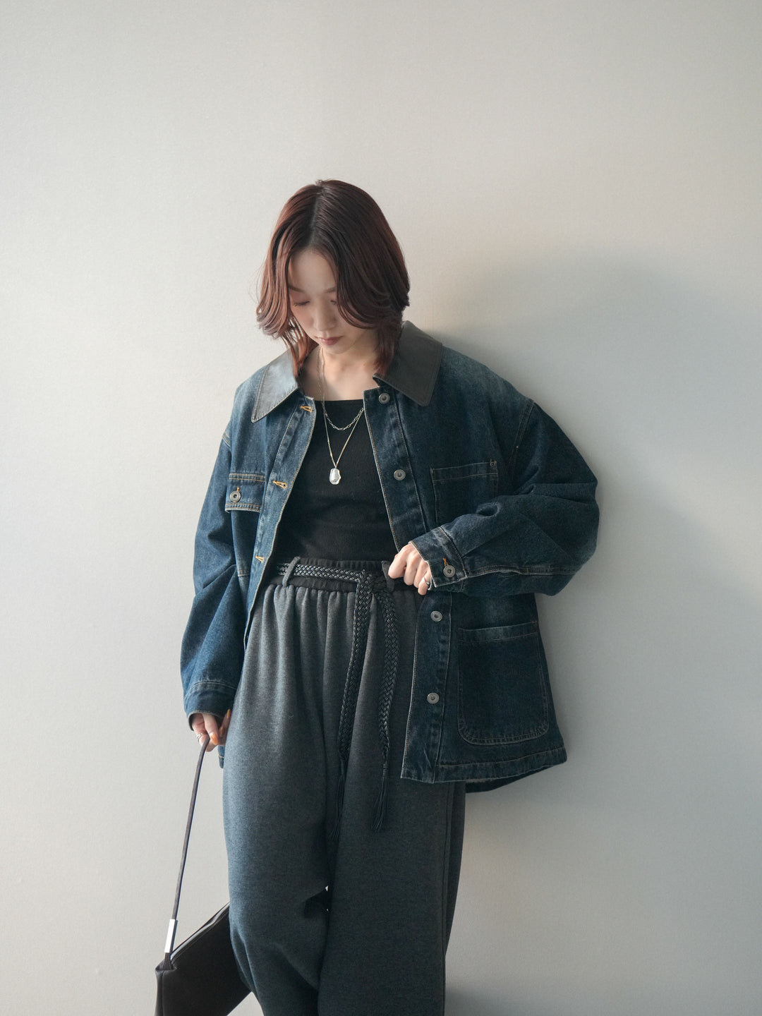 [SET]裏地ファーデニムフライトジャケット+編み込みベルト付きウエスト配色スエットパンツ(2set)