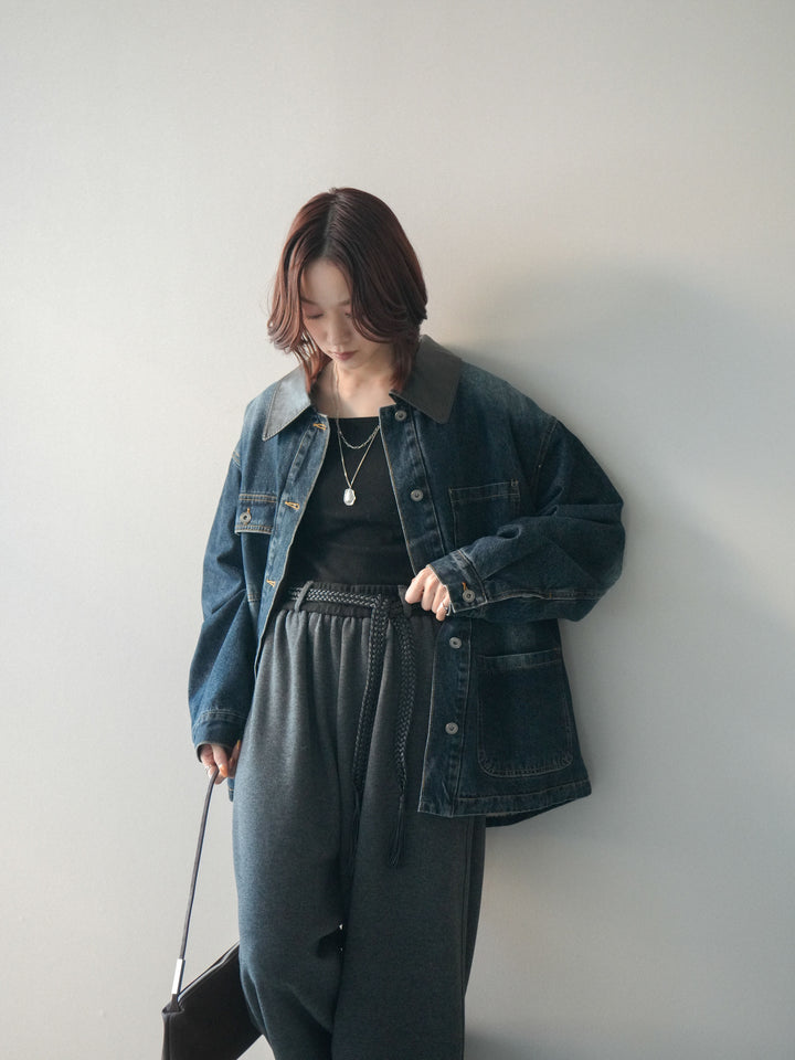 [SET]裏地ファーデニムフライトジャケット+編み込みベルト付きウエスト配色スエットパンツ(2set)