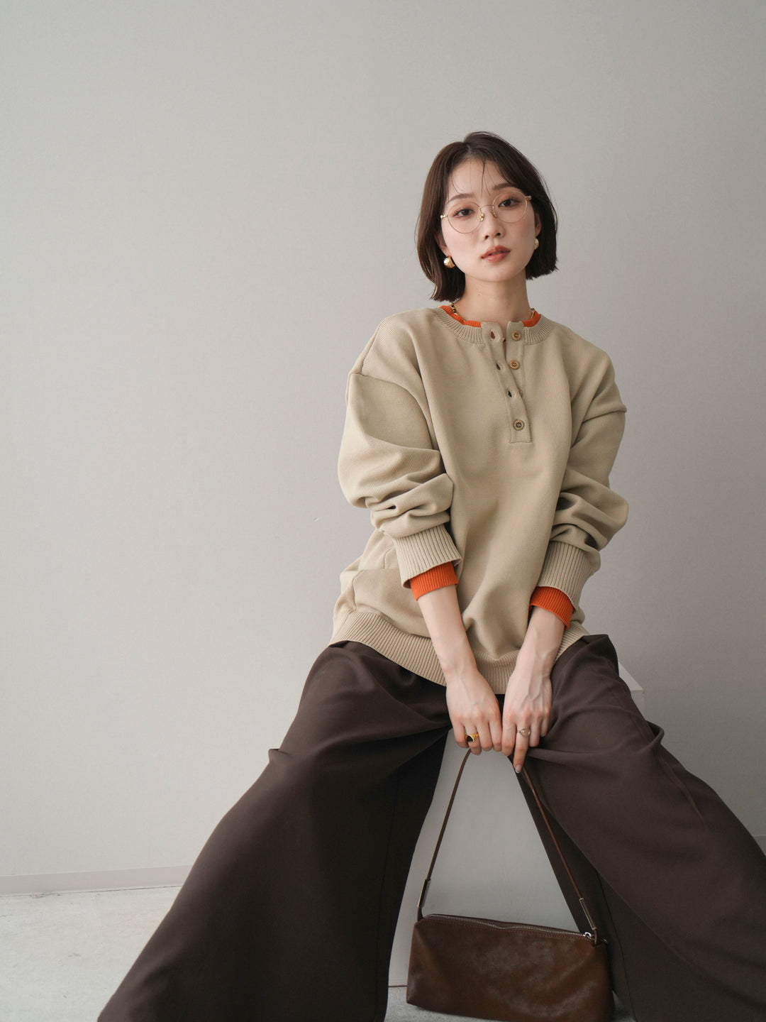[予約]2WAYネック配色レイヤードニットプルオーバー/beige