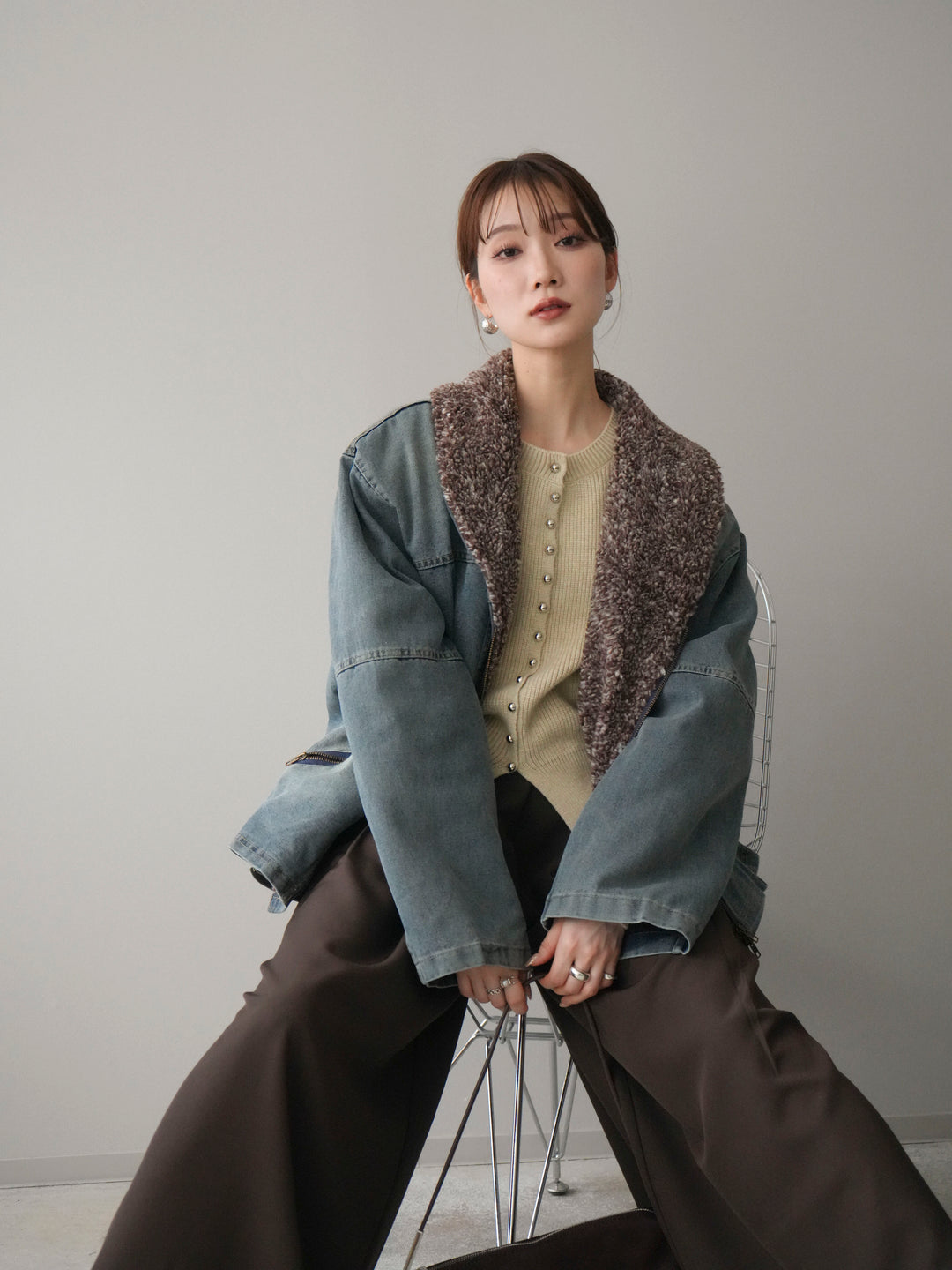 [SET]ミックスボアデニムジャケット+シルバーボタン畦編みニットカーディガン(2set)