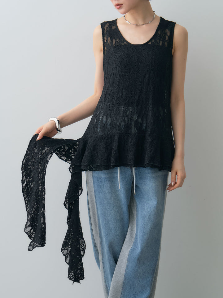 [予約]ラッフルレースアシメペプラムノースリトップス//black