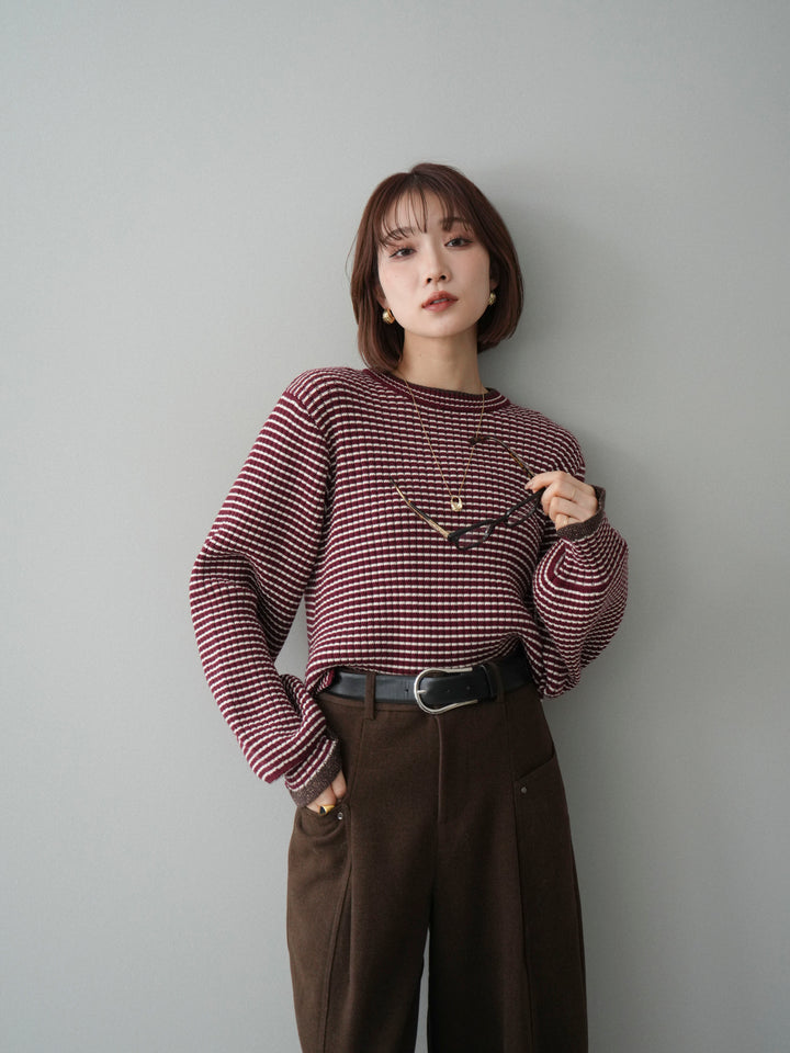 [予約]ラメ異素材ボーダーリブニットプルオーバー/bordeaux×brown