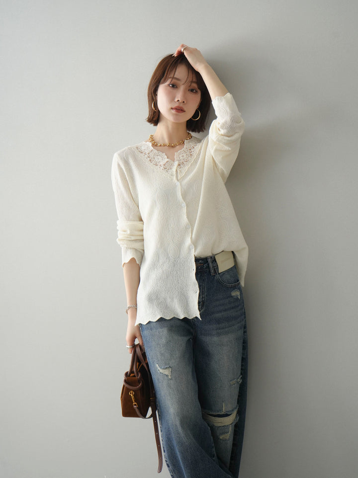 [SET]レースネックジャガードニットカーディガン+ダメージデニムセミワイドパンツ(2set)