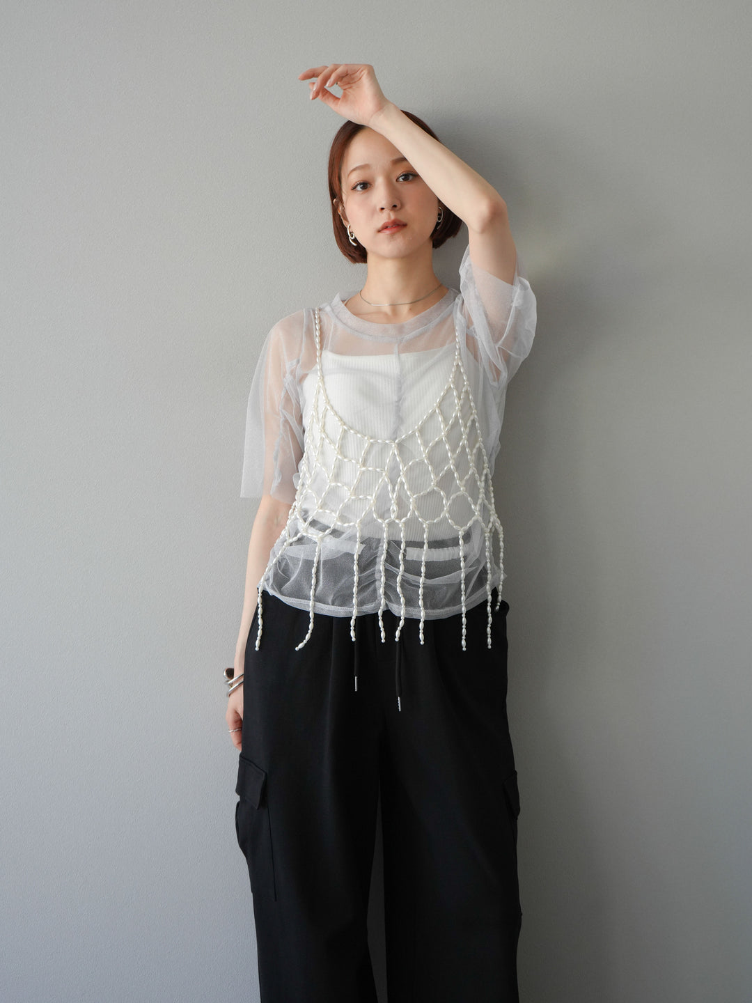 [SET]ラメチュールシャーリングプルオーバー+パールフリンジビスチェ(2set)