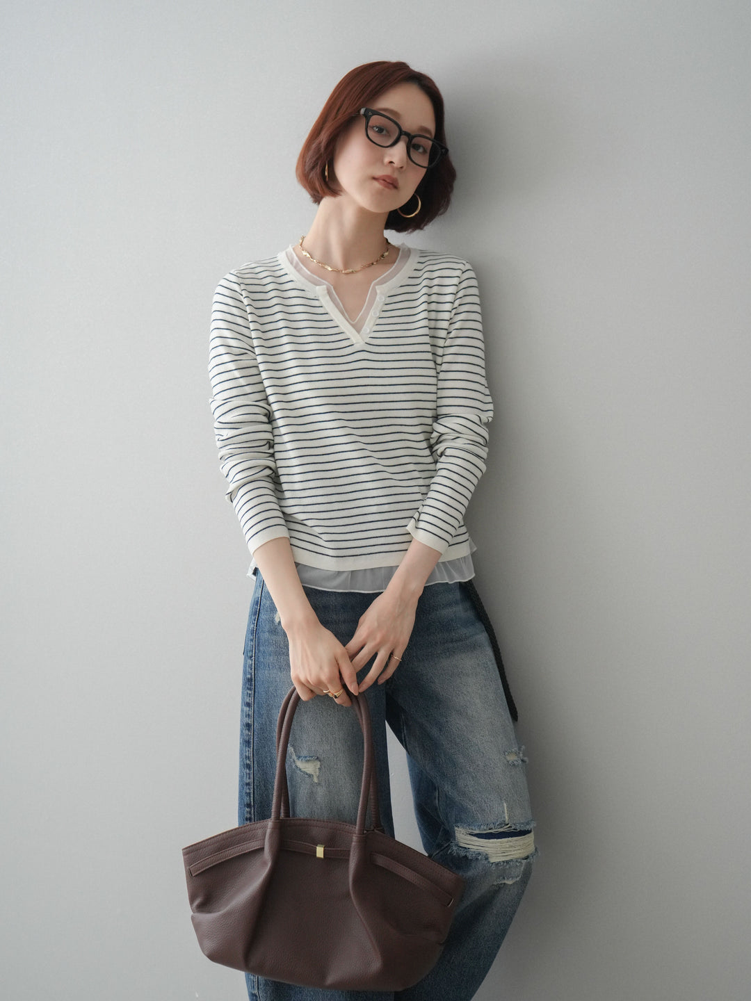 [SET]チュールレイヤードデザインボーダーニットトップス+ダメージデニムセミワイドパンツ(2set)