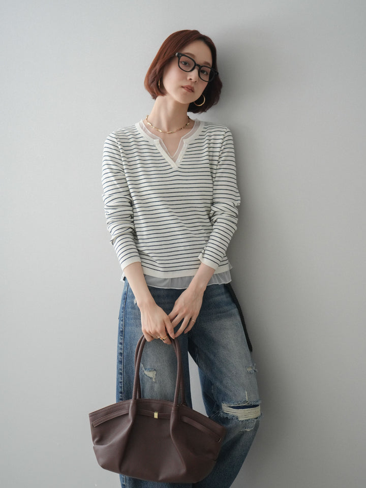 [SET]チュールレイヤードデザインボーダーニットトップス+ダメージデニムセミワイドパンツ(2set)