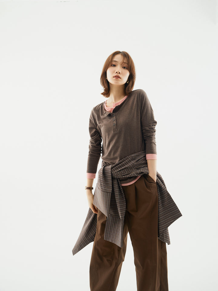 【Allure】[SET]配色レイヤードヘンリーネックトップス+チェックBIGカフスオーバーシャツ(2set)