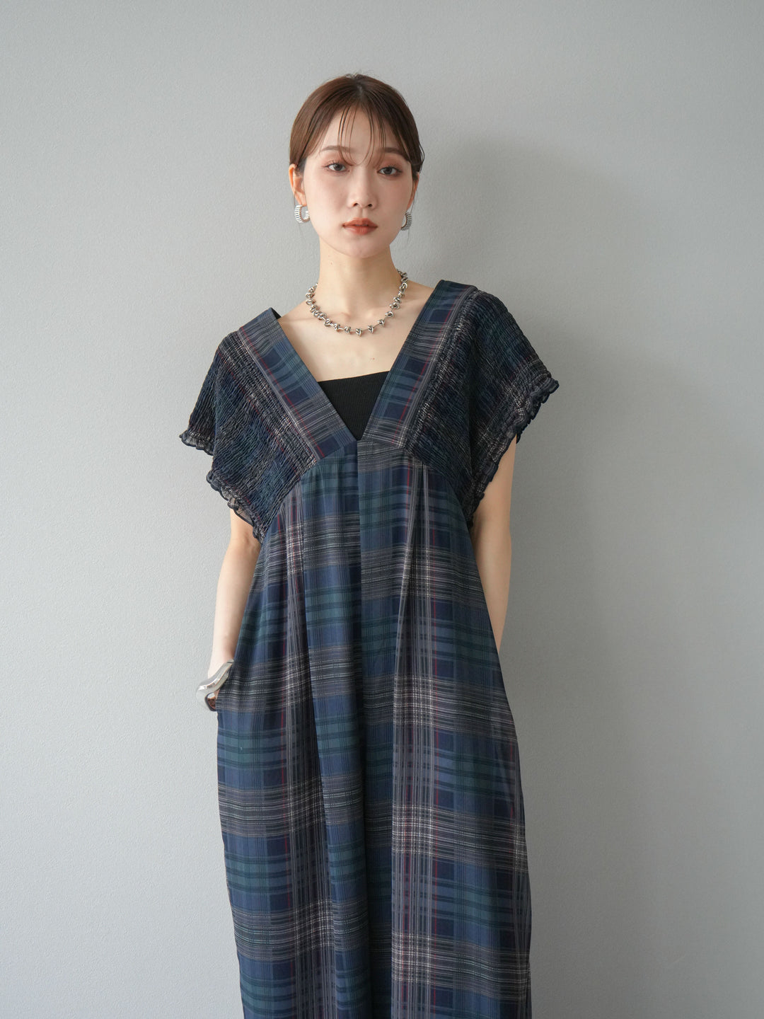 [套裝] 透視格紋褶皺背帶褲 + 配件套裝（2 套）