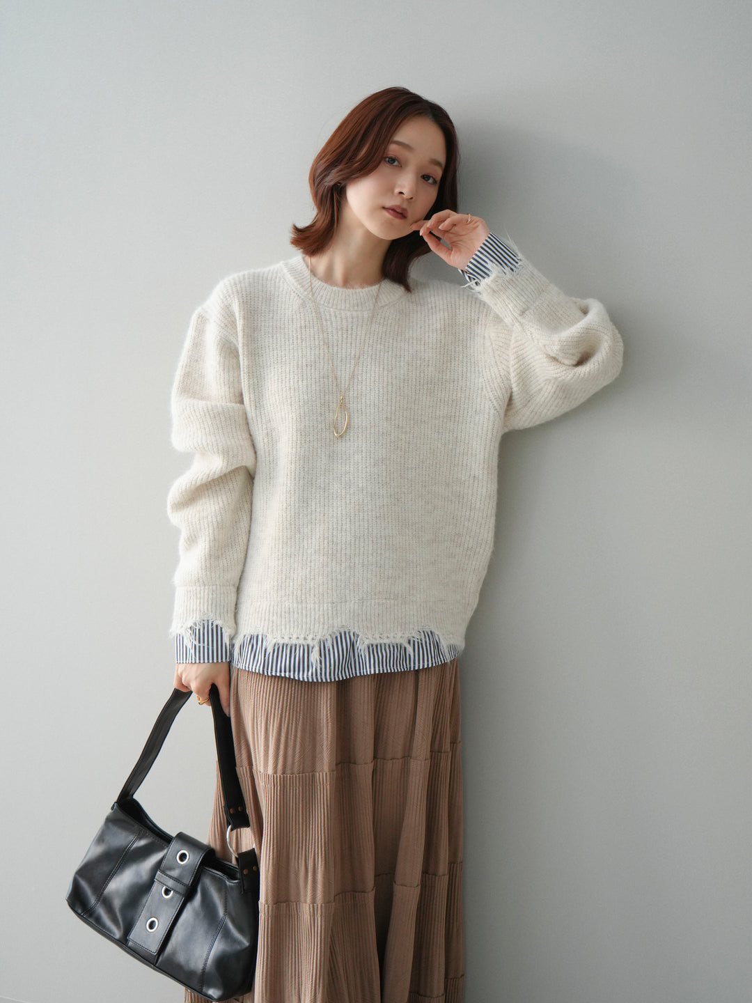 [SET]裾シャツレイヤードダメージニットプルオーバー+ストーンフォークリング(2set)