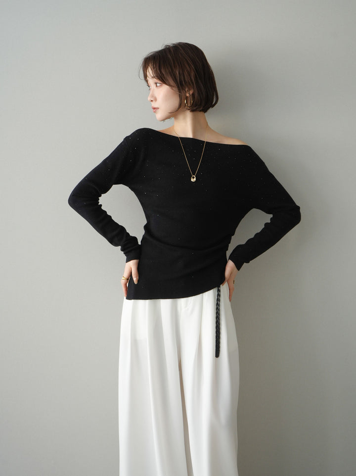 [予約]ラインストーンアシンメトリーニットトップス/black