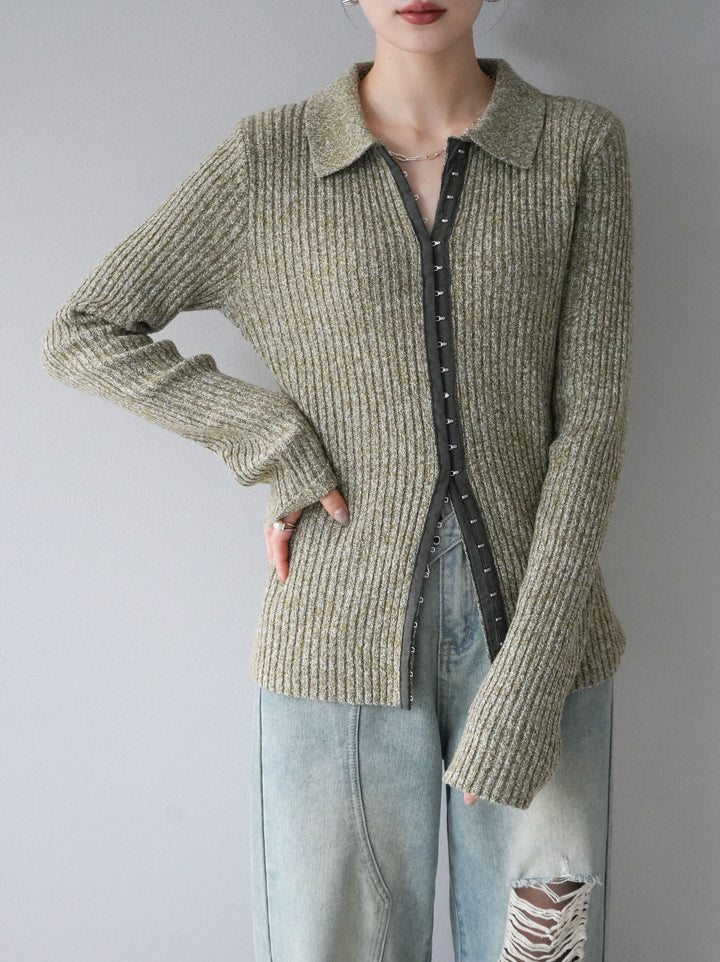 [予約]ホックディティール襟付きニットカーディガン/グリーン