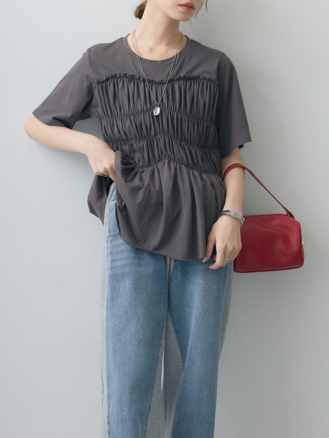 [SET]クールタッチシャーリングTEE+デニム切替スウェットパンツ(2set)