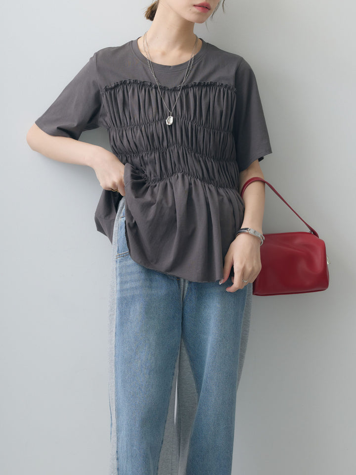 [SET]クールタッチシャーリングTEE+デニム切替スウェットパンツ(2set)