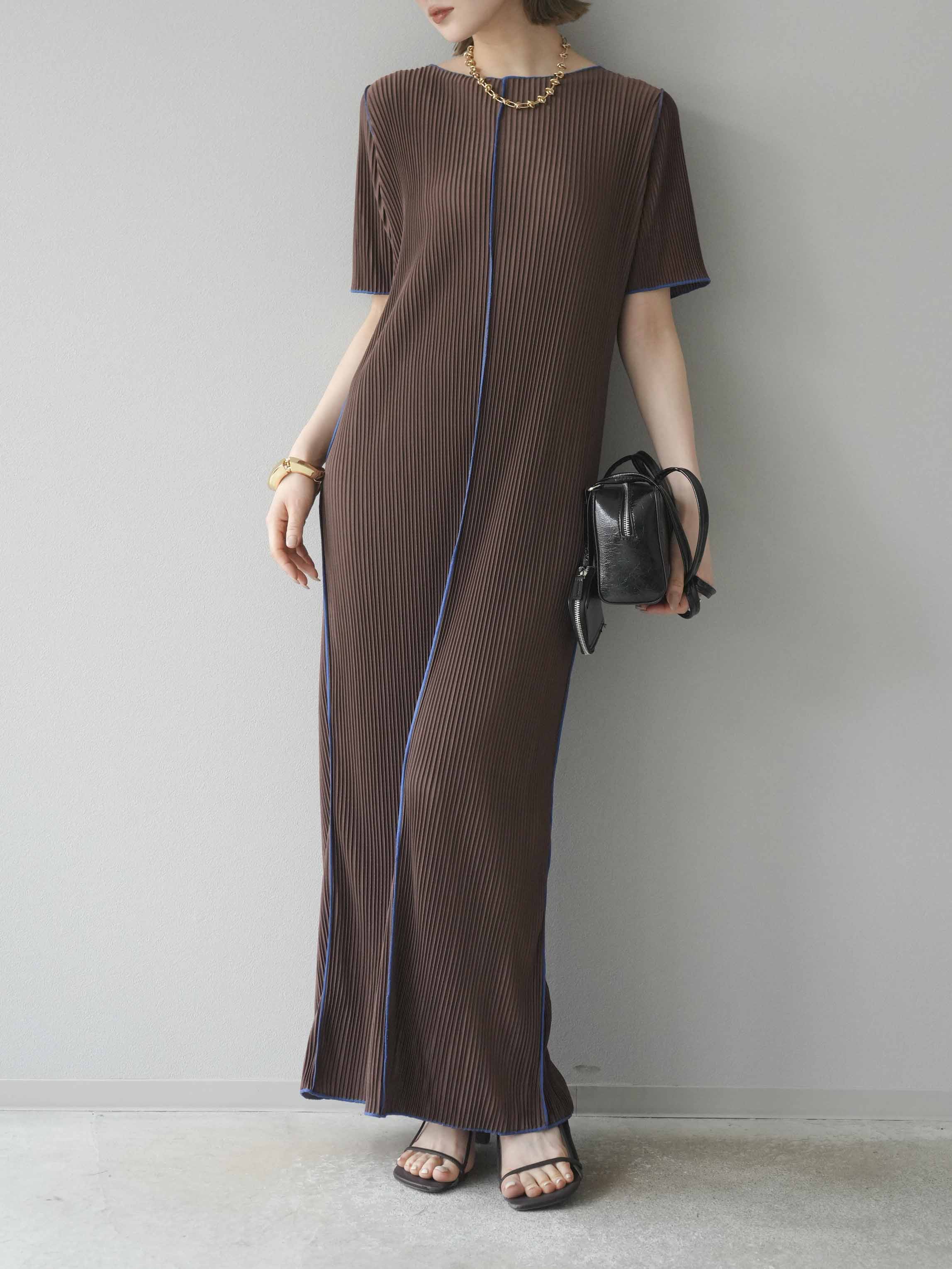 予約]配色プリーツワンピース/ブラウン – Lumier