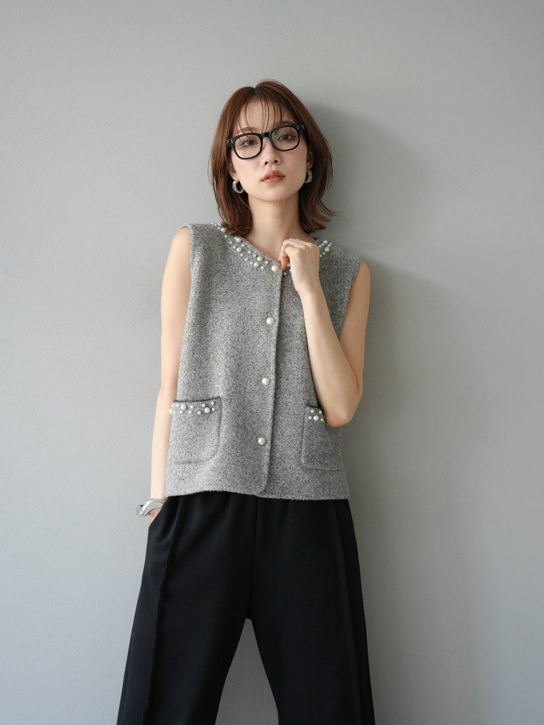 [予約]パールデザインツイードライクニットベスト/グレー
