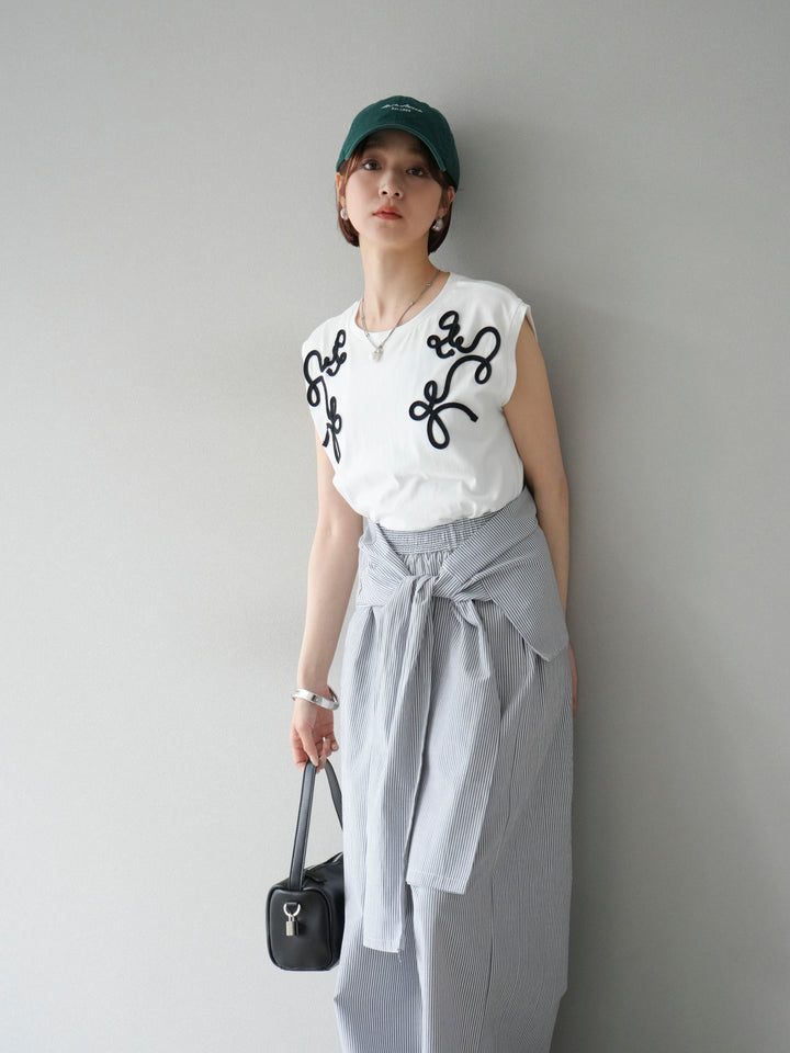 [SET]コード刺繍フレンチスリーブTシャツ+ウエスト巻きストライプイージーパンツ(2set)