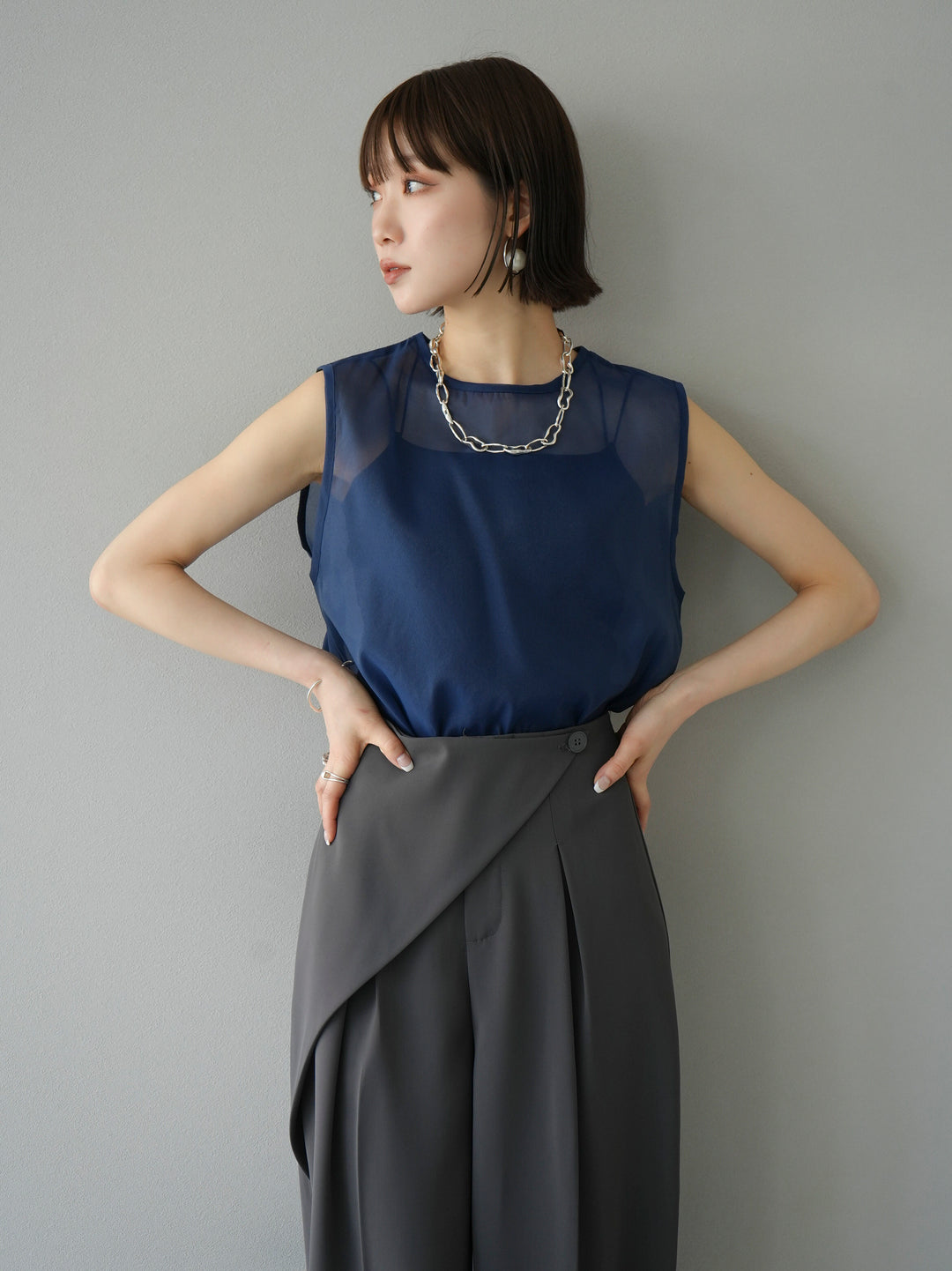 [SET] Organza sleeveless top + wrap wide pants (2set)