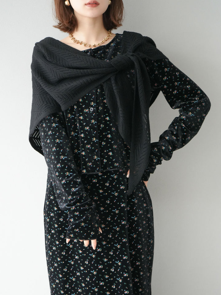 [予約]ベロアフラワープリントカーディガン/ブラックxイエロー