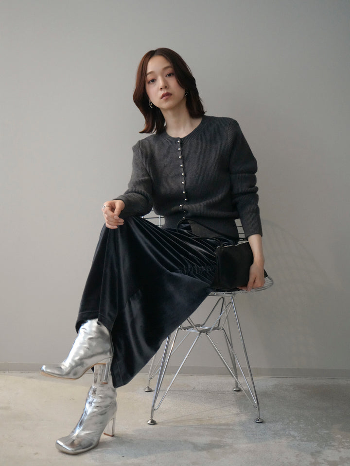 [SET]シルバーボタン畦編みニットカーディガン+ギャザーベロアスカート(2set)